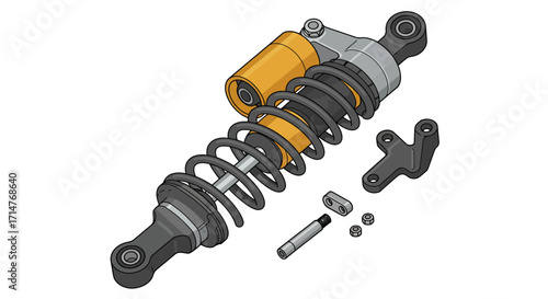 Motorcycle Shock Absorber with Coil Spring Exploded View Gold and Gray.
