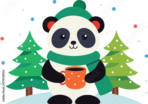 Cute panda wearing a hat and scarf holding a hot drink in winter