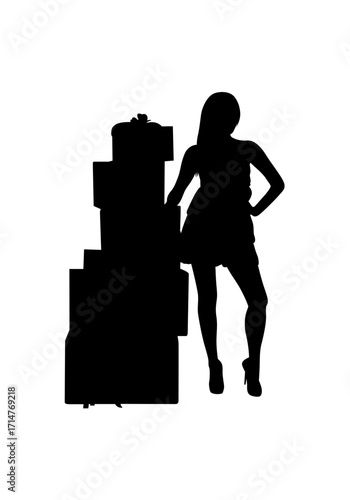 A stylish silhouette of a woman stands confidently beside a towering stack of presents.