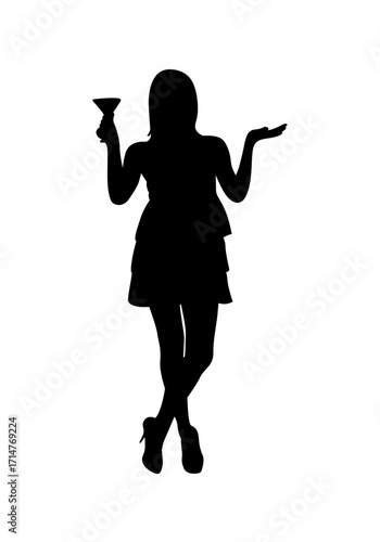 A black silhouette of a woman in a stylish, tiered cocktail dress, holding a martini glass.