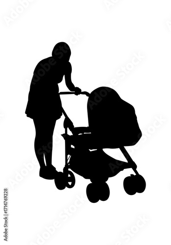 A simple, black silhouette of a woman pushing a baby stroller.