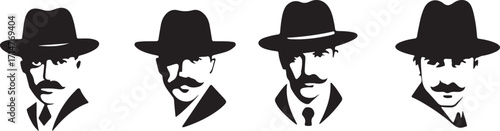 Four gentleman silhouettes with top hats and suits silhouette