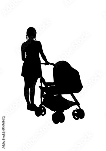 A simple, elegant silhouette of a woman pushing a baby stroller.