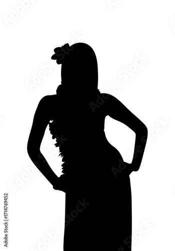 Attractive silhouette of a woman dressed in traditional Hawaiian clothing, performing the hula dance.
