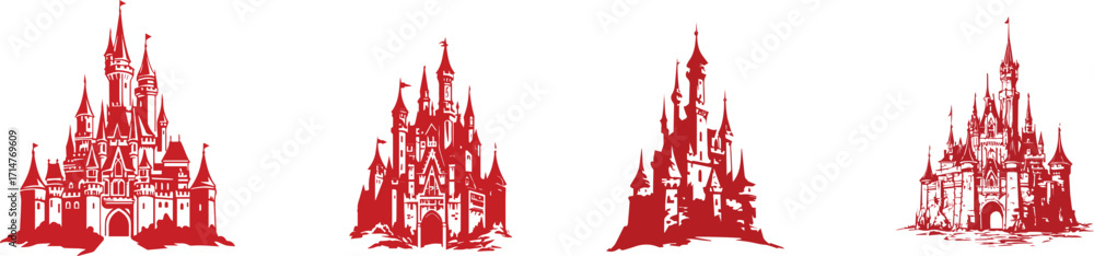 Obraz premium Four red fantasy castle silhouettes on white background silhouette