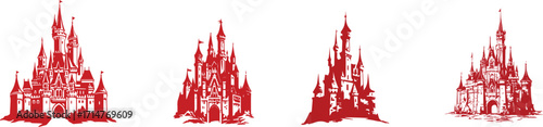 Four red fantasy castle silhouettes on white background silhouette