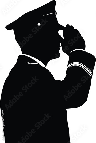 Silhouette of military officer saluting in formal uniform, profile view with peaked cap, symbol of respect and discipline, vector illustration, isolated
