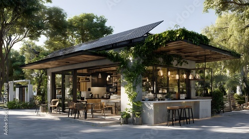 Eco-Friendly Coffee Shop Exterior with Solar Panels Surrounded by Lush Greenery