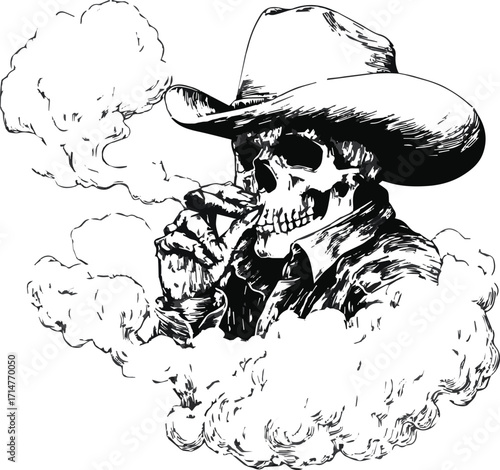 Skull wearing a cowboy hat smoking a cigar with smoke silhouette