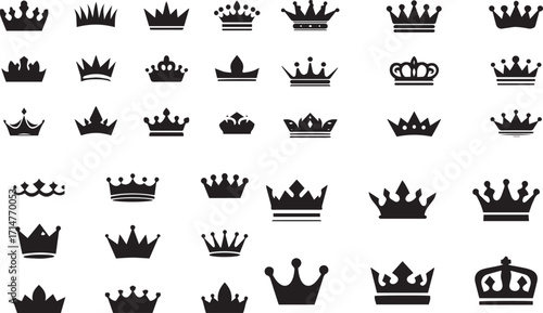 Collection of royal crown icons in silhouette style
