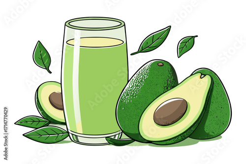 Avocado Smoothie with Fresh Fruit and Leaves – Vector Illustration