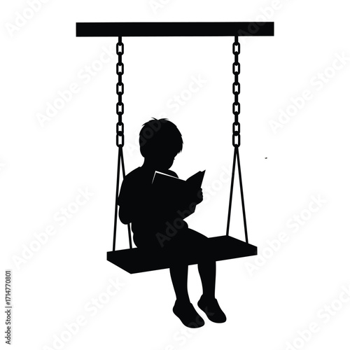 Black silhouette of a boy reading a book on a swing with metal chains child