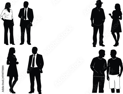 Silhouette people, diverse conversation, casual and formal outfits, social interaction, standing pairs, communication concept, vector illustration