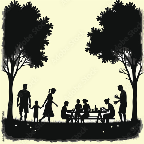 Family picnic in park with trees and people silhouettes