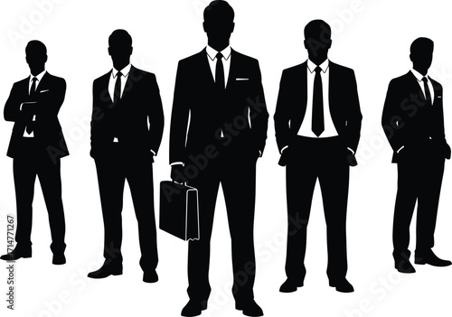 Silhouettes of Business Professionals in Formal Attire Holding Briefcase Representing Leadership, Teamwork, Corporate Identity, and Professional Confidence in Vector Style
