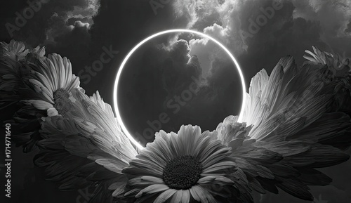 Monochrome floral arrangement with glowing circle