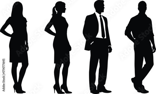 Silhouettes of Business Professionals in Mixed Attire and Poses Representing Gender Diversity, Workplace Style, and Corporate Identity in Vector Art