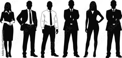 Silhouettes of Business Professionals in Varied Postures and Attire Representing Workplace Diversity, Confidence, Professional Roles, and Corporate Identity