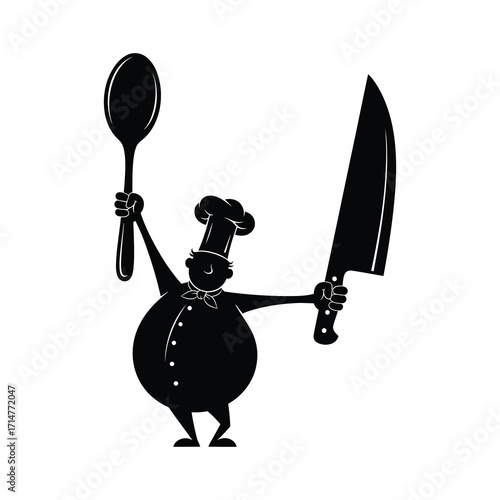 Black silhouette of a plump chef holding a large spoon and a knife white