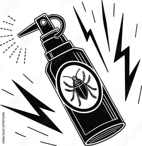 Black and white illustration of insect spray bottle with bug