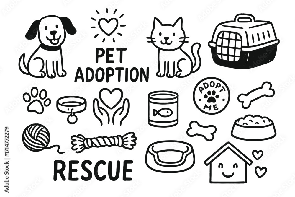 Fototapeta premium Rescue Pets Doodle Set. Pet adoption doodle set: hand drawn icons for rescue animals, care items, and happy pet homes, isolated