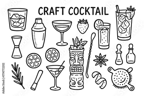Craft Cocktail Icons. Craft cocktail doodle set: hand drawn icons for mixology, barware, and artisanal drinks, isolated