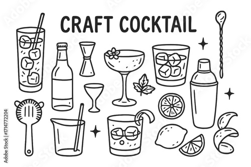 Craft Cocktail Icons. Craft cocktail doodle set: hand drawn icons for mixology, barware, and artisanal drinks, isolated