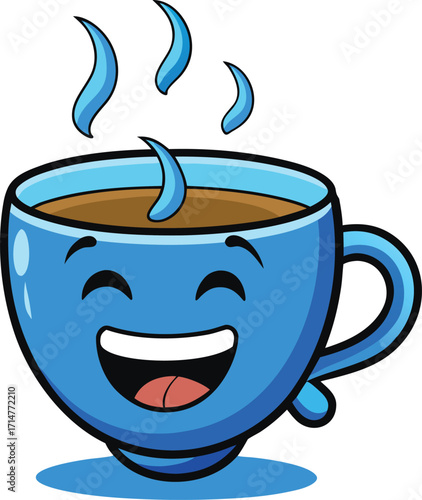 Blue coffee cup with happy face and steam brown
