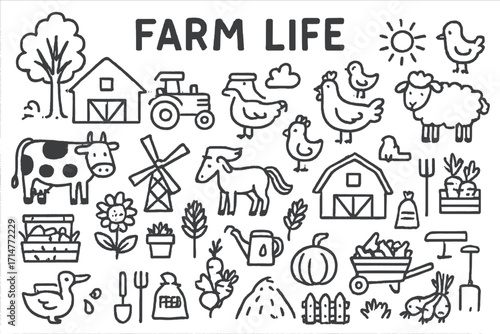 Farm Life Doodles. Farm life doodle set: hand drawn icons for agriculture, animals, and rural living, isolated transparent