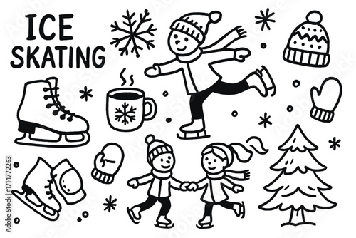 Ice Skating Icons. Ice skating doodle set: hand drawn icons for winter sports, skating gear, and seasonal activities, isolated