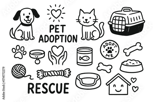 Rescue Pets Doodle Set. Pet adoption doodle set: hand drawn icons for rescue animals, care items, and happy pet homes, isolated