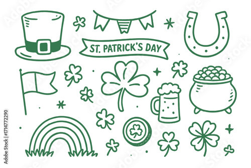 St. Patrick's Icons. St. Patrick’s Day doodle set: hand drawn icons for Irish celebration, green decor, and lucky symbols,