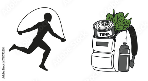 Jump rope exercise and healthy food in a backpack, symbolizing a balanced approach to fitness and nutrition for an active lifestyle