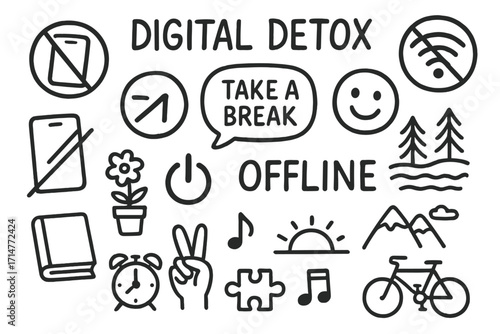 Digital Detox Icons. Digital detox doodle set: hand drawn icons for taking breaks from tech and reconnecting offline, isolated