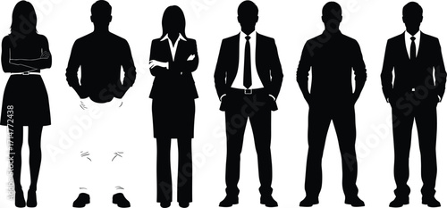 Silhouettes of Business Professionals with One Incomplete Figure Symbolizing Absence, Identity, Transition, and Conceptual Workplace Representation in Vector Style