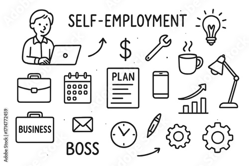 Self-Employment Icons. Self-employment doodle set: hand drawn icons for working for yourself and entrepreneurial gear, isolated