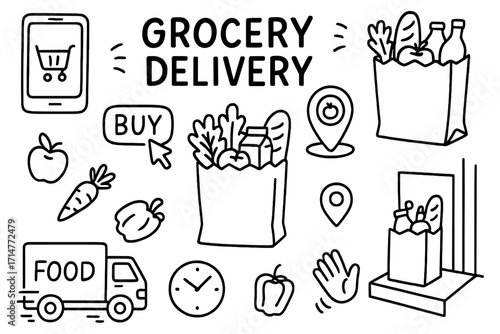 Grocery Delivery Doodles. Grocery delivery doodle set: hand drawn icons for online food orders and contactless drop-offs, isolated
