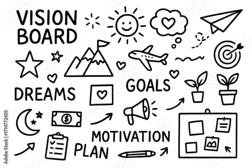 Vision Board Icons. Vision board doodle set: hand drawn icons for goals, dreams, motivation, and creative planning, isolated