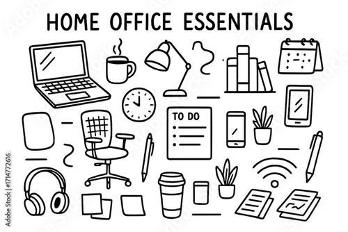Home Office Doodle Set. Home office essentials doodle set: hand drawn icons for organizing remote workspaces and productivity