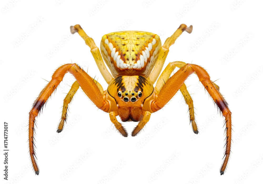 Obraz premium Close-up of a vibrant, patterned spider, showcasing intricate details and bold color combinations against a stark black backdrop.