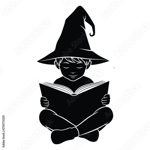 Black silhouette of a child wearing a witch hat reading a book cross legged vector
