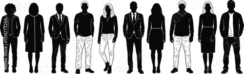 Silhouettes of Diverse People in Mixed Attire Representing Fashion, Inclusion, Casual and Formal Styles, Unity, Identity, and Social Representation