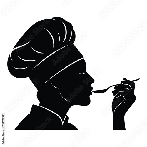 Black silhouette of a chef tasting food from a spoon on a white background vector