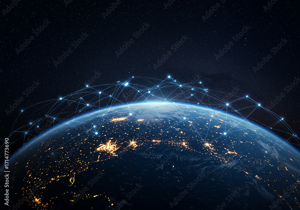 Obraz premium Global network connections illuminate Earth with data transfer and digital communication