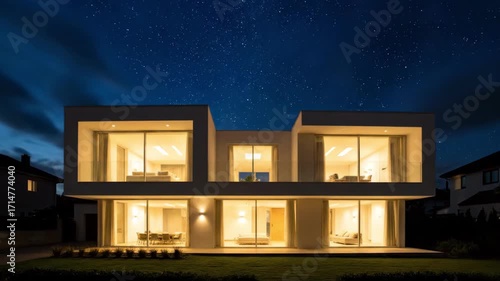 Modern house illuminated at night under a starry sky  