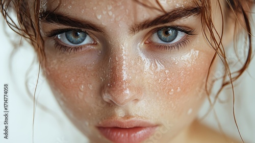 Ultra-realistic close-up portrait of a woman, natural daylight, slightly low angle, water droplets on her skin, white background, intense gaze, sharp focus. --ar 16:9 --stylize 750 --v 6.1 Job ID: 216