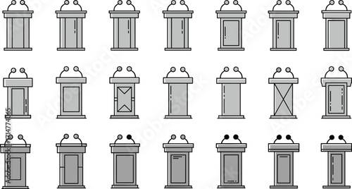 Stylized column grid, decorative pedestal icons, architectural elements, geometric design, visual puzzle, pattern recognition, creative structure
