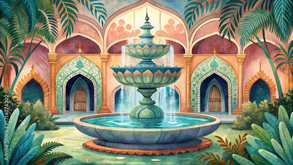 Obraz premium Ornate Courtyard with Multi- Tiered Fountain and Arched Buildings water architecture