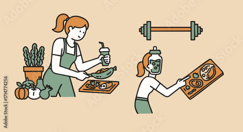 Healthy Lifestyle Cooking, Fitness, and Self-Care Illustration