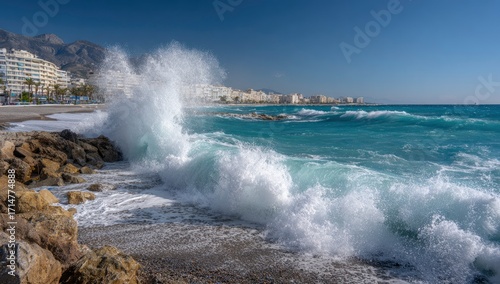 Ocean wave crashing on rocky shore near buildings